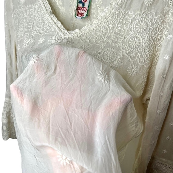 Johnny Was Boho Cream Ivory Lace Embroidered Eyelet Tunic 3/4 Sleeve Dress XS - Picture 10 of 15